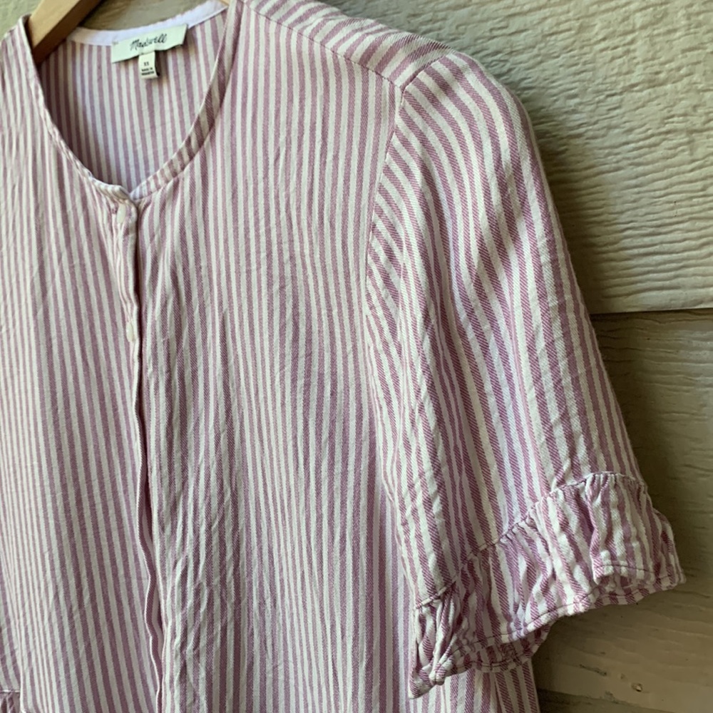 Madewell Studio Ruffle Hem Top Lavender Stripe Button Up Peplum Top - Picture 8 of 9
